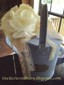  Eclectic Red Barn: Paper lace doilies, burlap and lace flowers on blue watering can