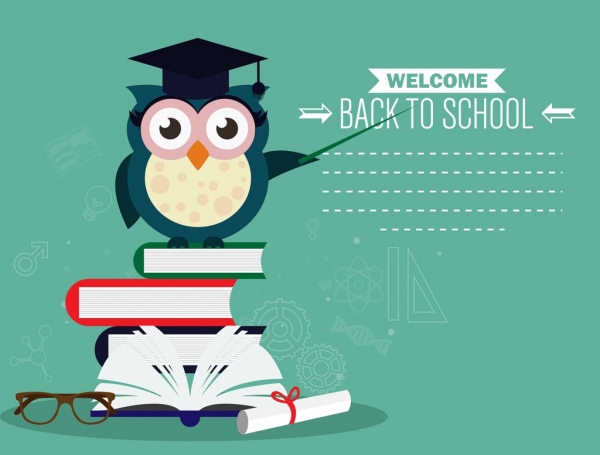 Back to school banner owl book stack icons Free vector