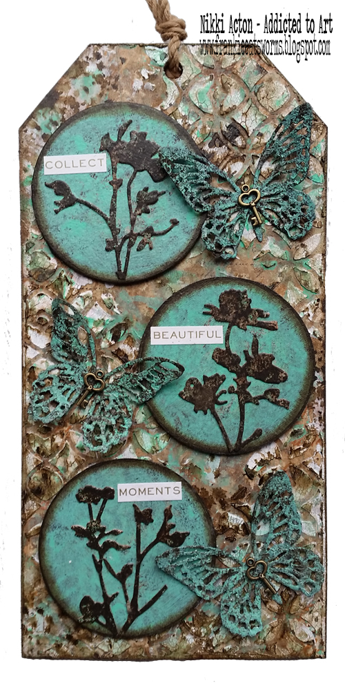 MDF Tag with crackle background, distress paints, wildflowers and mini detailed butterflies. Nikki Acton - Addicted to Art.