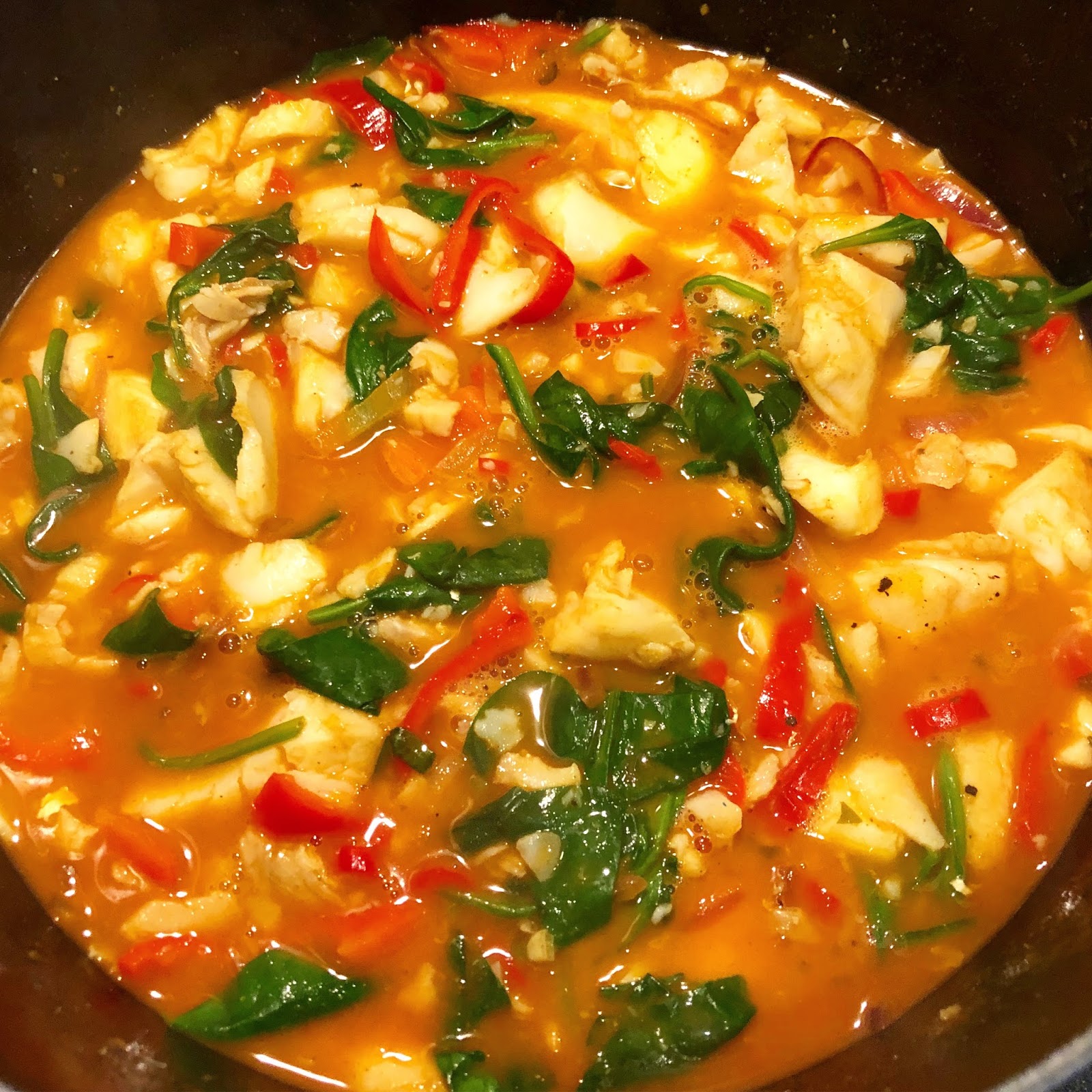 Fish Curry with Peppers, Spinach and Coconut