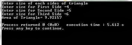 Program to find the Area of any Triangle having values of three sides ...