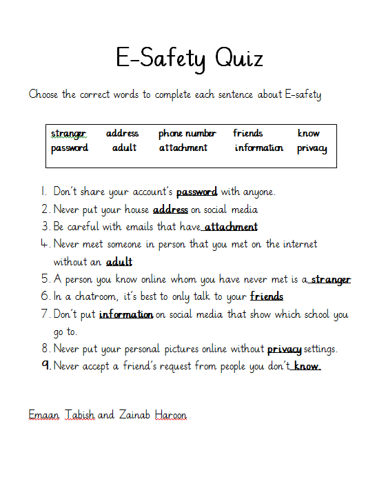 ETAC Activities Class 3 ESafety week (Quiz done in class)