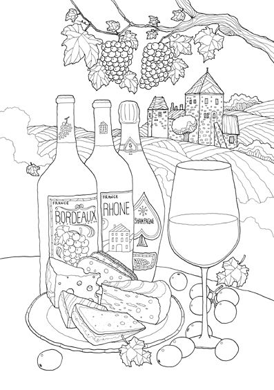 Tranh tô màu chai rượu vang và đĩa bánh