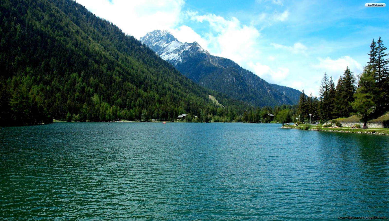 Landscape Trees River Mountains Clouds