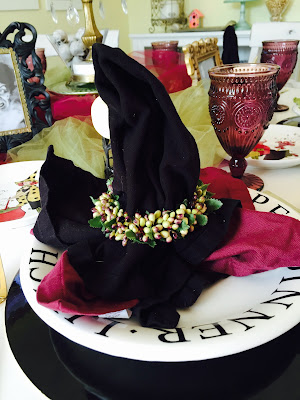 witch hat napkins, witch tablescape, Witchy tablescape, Halloween decorations, The Style Sisters