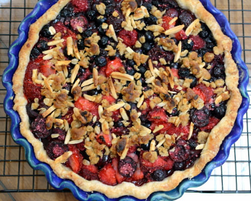 Summer Berry Pie ♥ KitchenParade.com, an all-berry pie with streusel topping. Strawberries, raspberries, blueberries, blackberries.