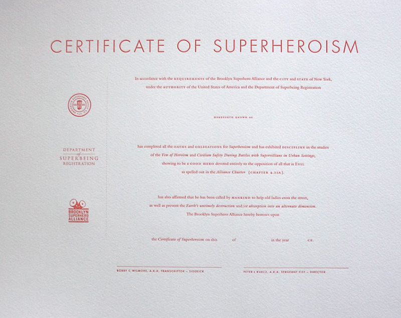 certificate of superheroism