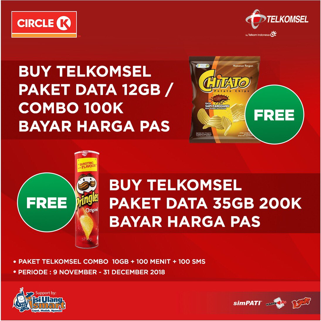 CircleK - Promo Beli Paket Data Telkomsel Gratis Chitato atau Pringless (s.d 31 Des 2018)