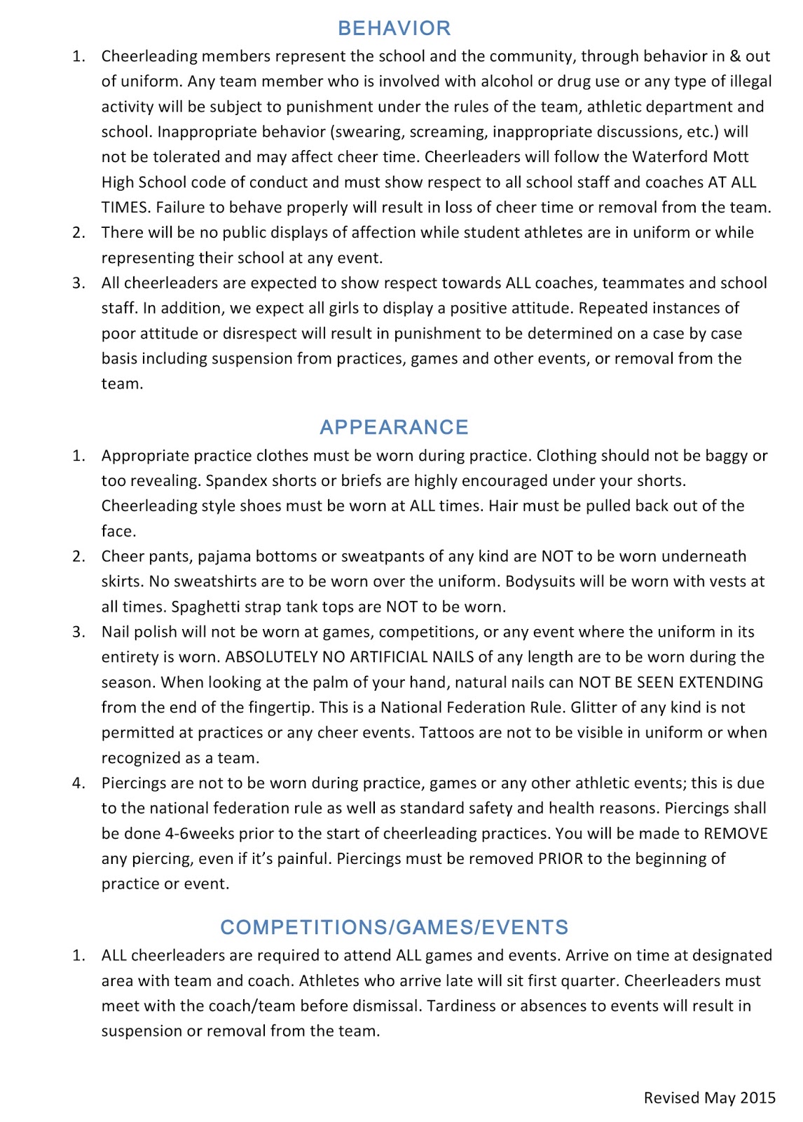 Waterford Mott Cheer 201819 Sideline Rules