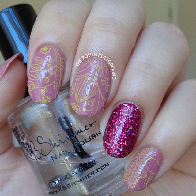 Purple with Yellow Floral Stamping and Glittery Accent Nail Art