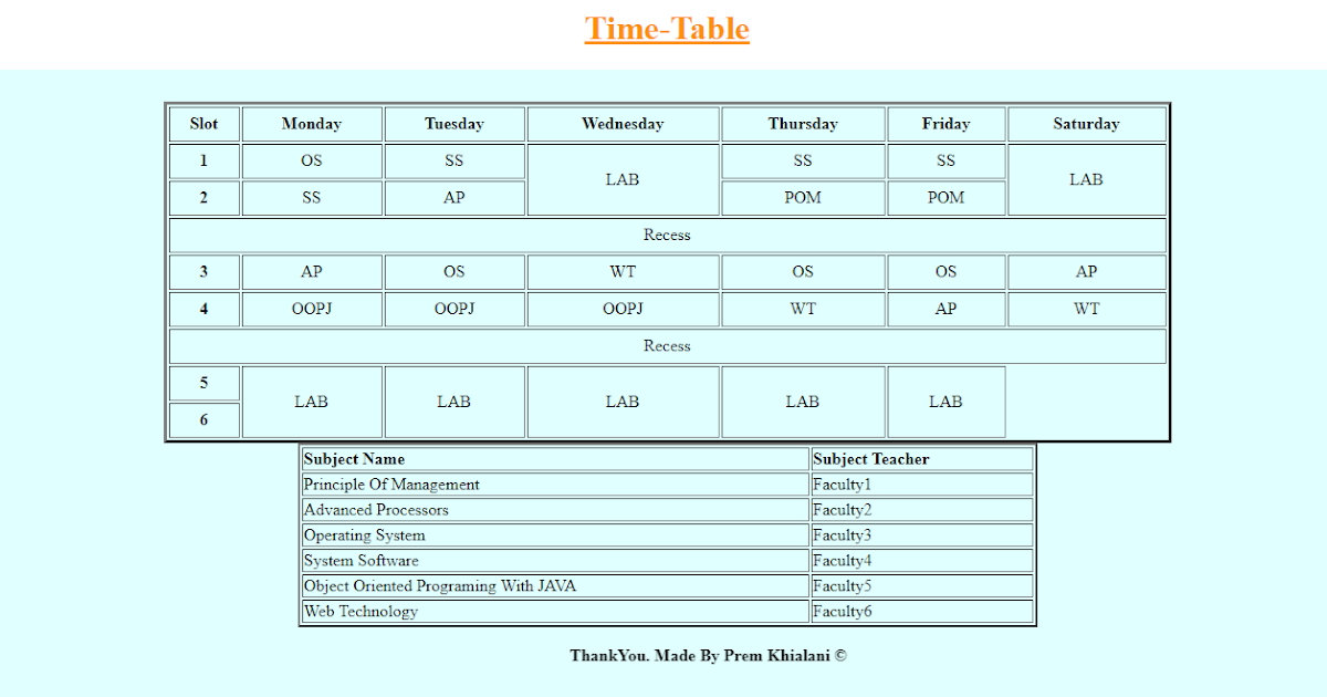 Design Your Class Time-Table Using HTML