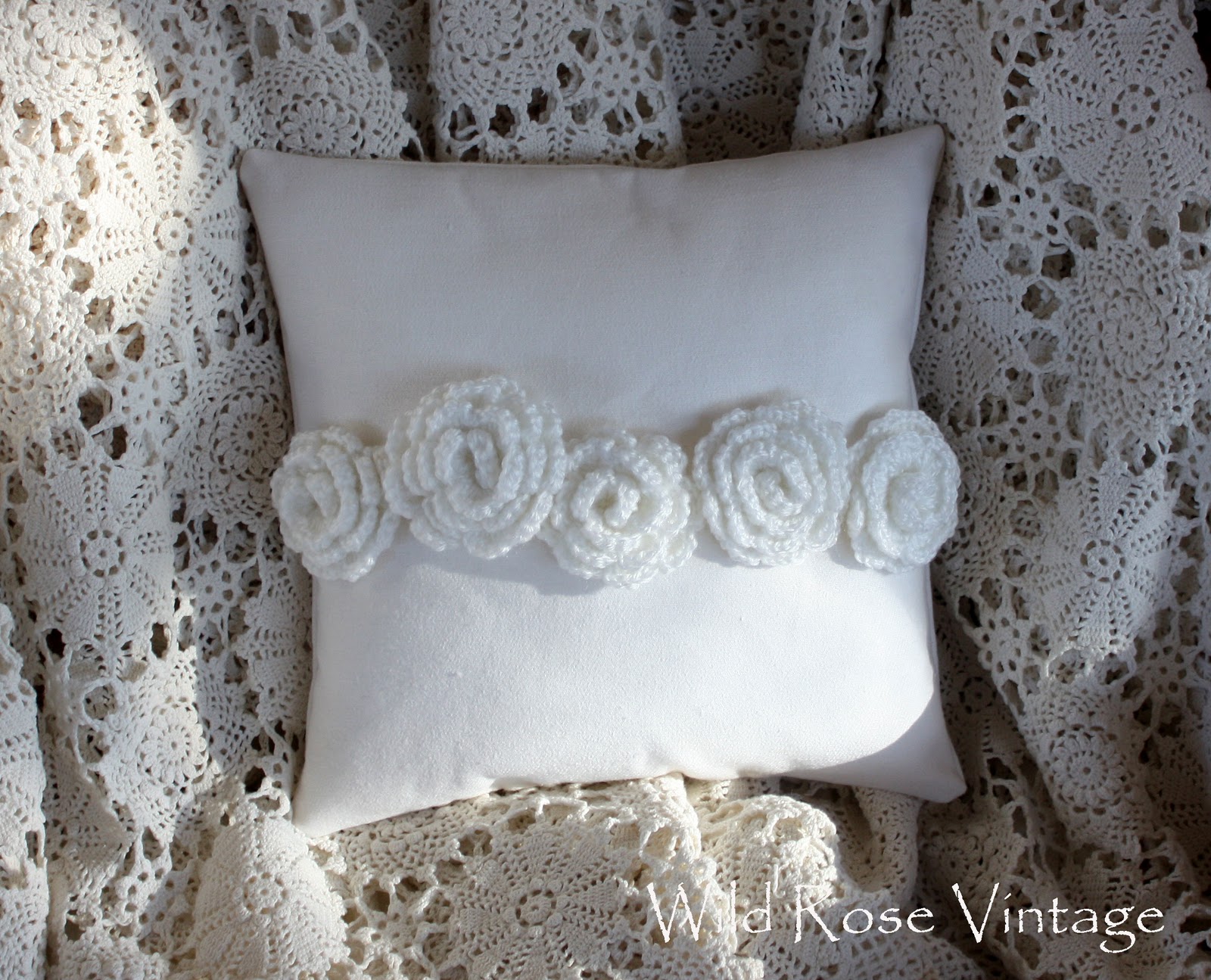 Wild Rose Vintage Crochet Roses Pillow