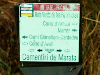 Suport de fusta amb la placa identificativa del GR 97 i del PR C-142 davant el Cementiri de Marata