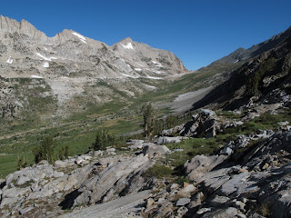 Abstieg in den Spiller Creek Canyon; im Hintergrund sieht man Horse Creek Pass und links davon Matterhorn Peak