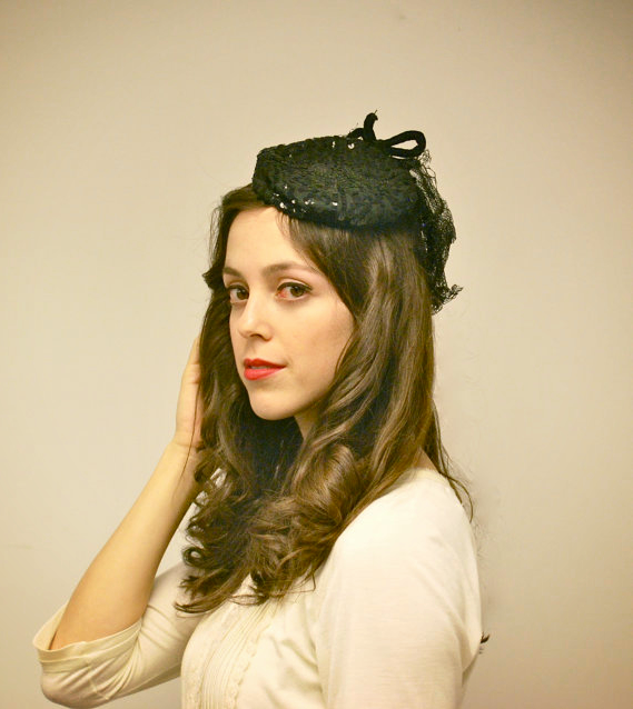 1940s Black Sequin Tilt Hat with Lace and Velvet Bow