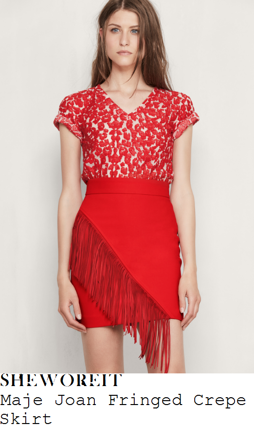 rochelle-humes-maje-joan-bright-coral-red-fringe-trim-detail-high-waisted-wrap-front-crepe-mini-skirt