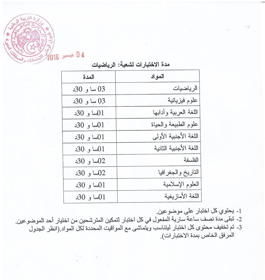 جدول سير اختبارات شهادة البكالوريا الرياضيات :