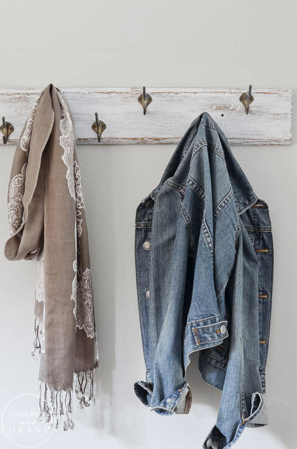 Need to organize your mudroom?  Paint a distressed coat rack for holding your coats and scarves.  ||  www.andersonandgrant.com