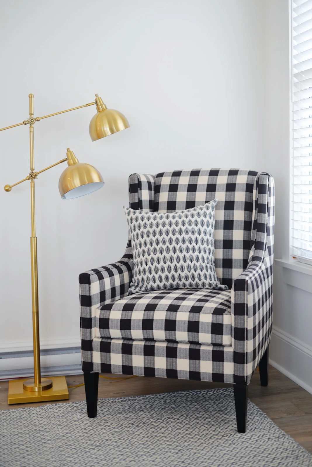 Ramblingrenovators.ca | Buffalo plaid chair, brass lamp, modern farmhouse, cottage style