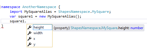 typescript namespaces import alias class intellisense typing expected instead simply access works its name use also