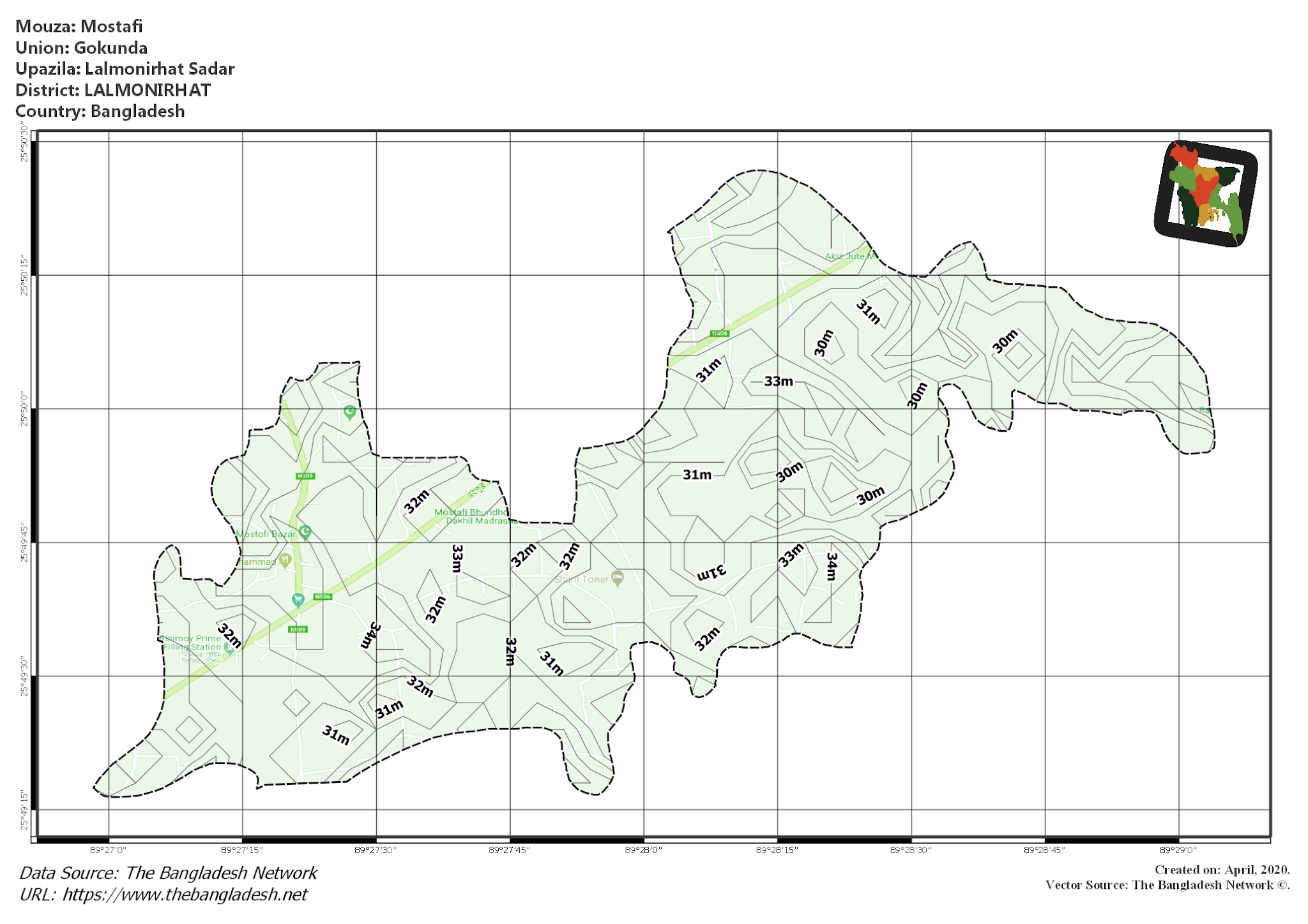 Map of Mostafi Mouza of Lalmonirhat Sadar Upazila, LALMONIRHAT, Bangladesh.