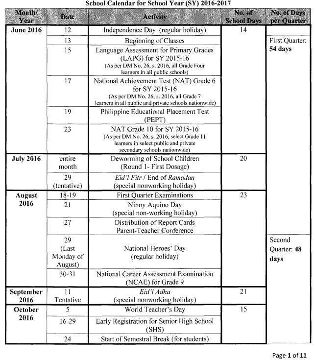 DepEd School Calendar for SY 20162017 is now available!
