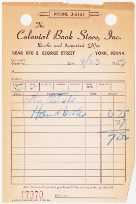 Papergreat: 1959 receipt from The Colonial Bookstore in York, Pa.