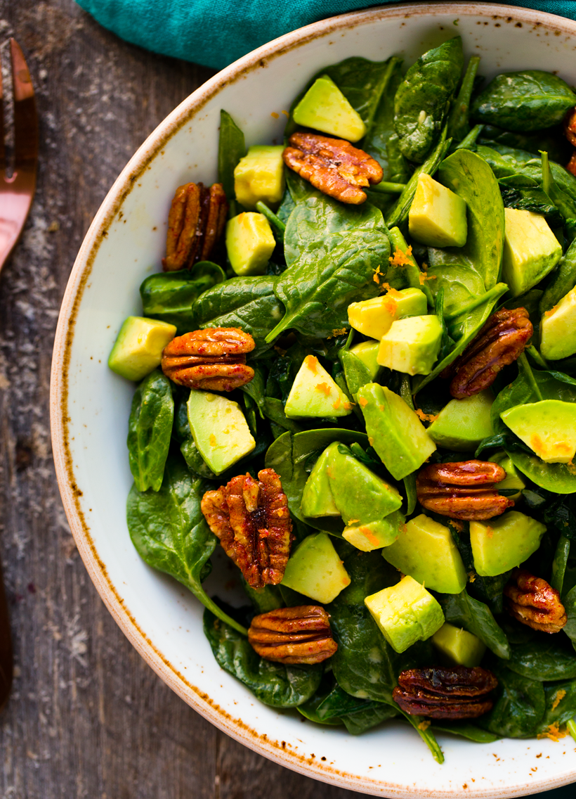 Candied Pecan Avocado Organic Spinach Salad - HealthyHappyLife.com