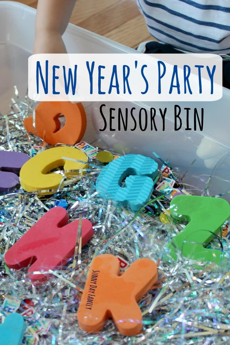 New Year's Party Sensory Bin for kids! A New Year's Eve activity for kids that's easy to set up and lots of fun. Toddlers and preschoolers love it!