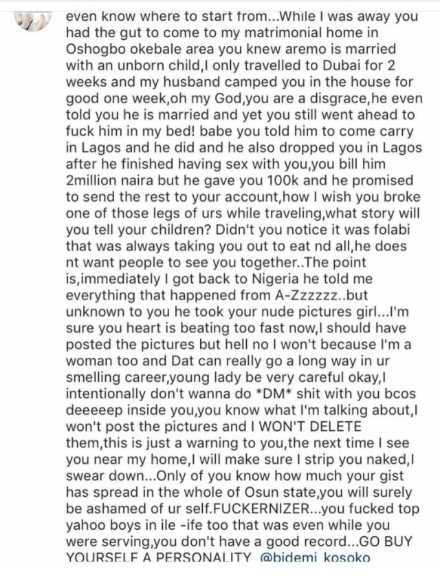 IG user accuse actress Bidemi Kosoko of sleeping wth her husband for 100,000, claims she has her nudes... Bidemi responds