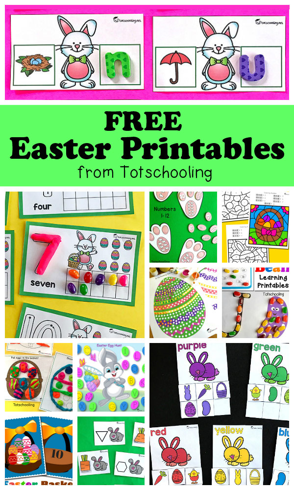 FREE Easter printables for toddlers, preschool and kindergarten. Large collection of activities including counting, numbers, alphabet, letter recognition, sight words, playdough mats, q-tip painting, tracing, coloring, matching, sorting, cutting and more, with fun Easter bunny and eggs!
