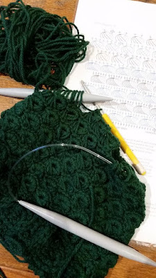 On a light brown wooden table top, a printed pattern is laid along with a green beanie in progress. The broomstick lace pattern is in the form of a diagram printed on white paper.  Next to the pattern (top left corner of picture) is a loosely wound skein of dark green 8 ply acrylic yarn. It is the source yarn for the beanie which is made in broomstick lace and unfinished.  The top of the beanie has a 12 mm circular knitting needle holding the unfinished broomstick loops. The needle at the other  end of the cable is resting on top of the hat near the bottom of the photo. Above that empty needle the hat is worked in broomstick lace; below the needles one can see the band of the hat worked in a crocheted cable pattern.  The top of the hat also has a crochet hook inserted. The hook is grey aluminium and the handle is yellow plastic with a white label stating its size (3.5 mm).