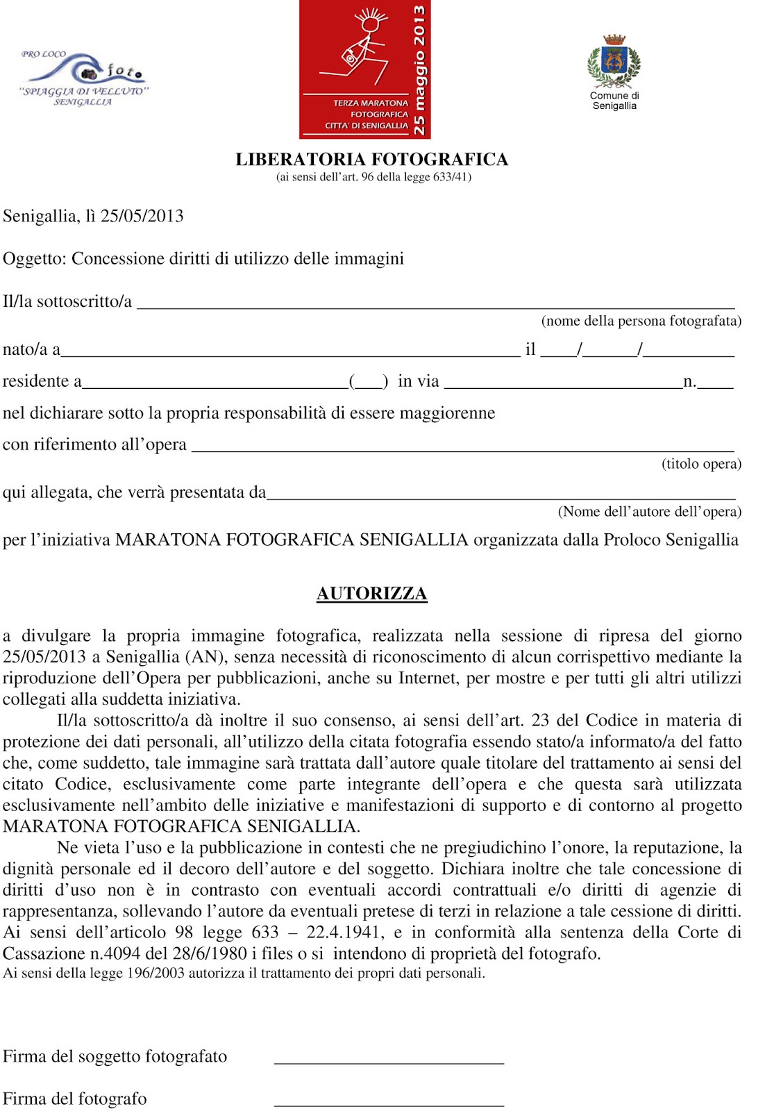 Liberatoria Pubblicazione Foto