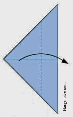 Tạo một đường thẳng (chia tờ giấy tam giác 3 phần).Gấp phần đỉnh tam giác về một phía đáy tam giác như hình vẽ.