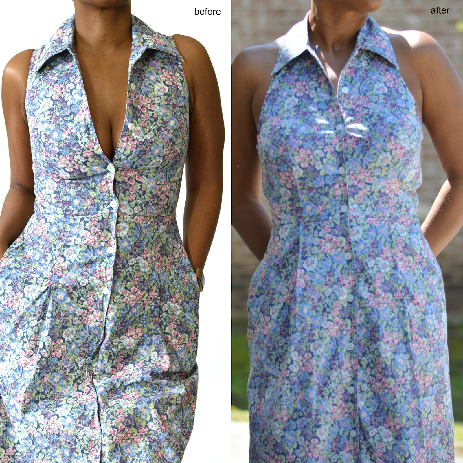 Upsize a shirt dress to a halter style to create more room in a too tight dress.