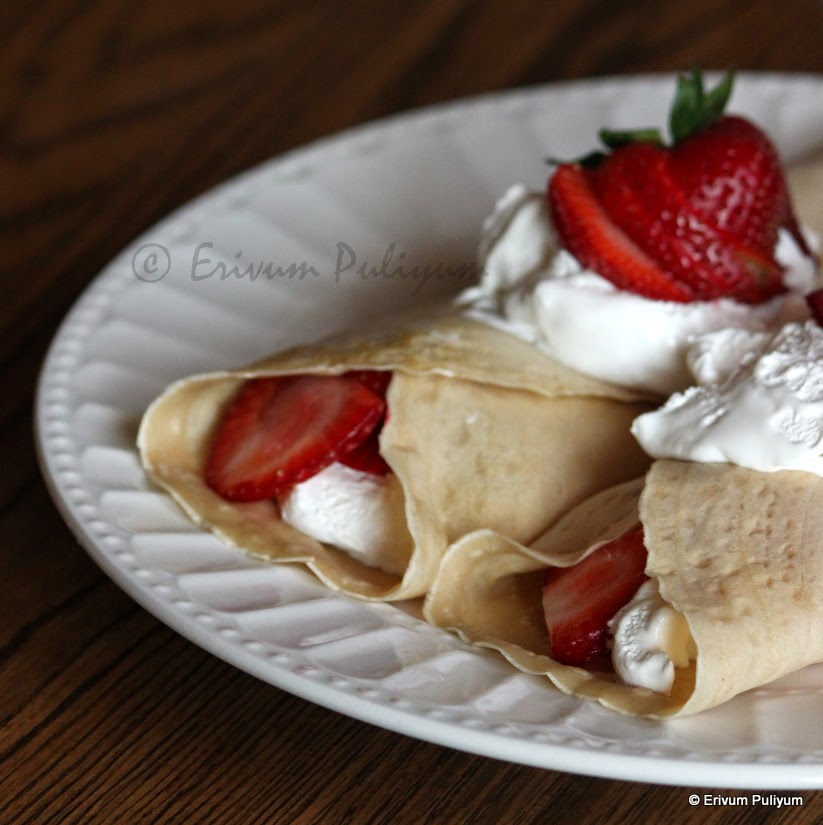 Erivum Puliyum Strawberry Crepes (Using wheat flour)