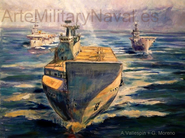 Pintura al óleo de los portaaviones españoles LHD Juan carlos I, Principe de Asturias y Dedalo
