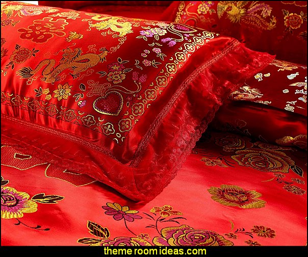 Chinese Traditional Red Sheet Asian Bedding Queen with Dragon and Phoenix Bird Embroidery Duvet Cover