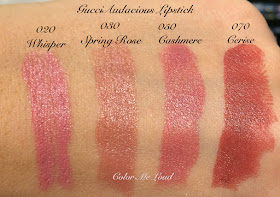 Gucci Audacious Lipstick Swatches, Whisper, Spring Rose, Cashmere and Cerise