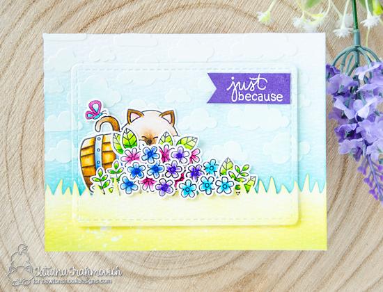 Just Because Spring Kitty and Flowers Card by Tatiana Trafimovich | Autumn Newton Stamp Set and various other Stamps and Dies by Newton's Nook Designs #newtonsnook #handmade