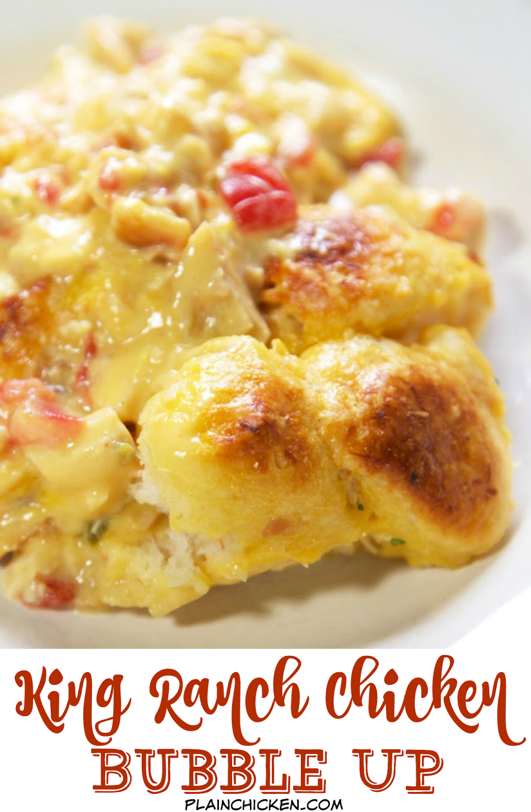 King Ranch Bubble Up Recipe - chicken, Velveeta cheese, Rotel, chicken soup tossed with chopped refrigerated biscuits and baked - use mild rotel if worried about the heat. OMG! SO easy and SO delicious! I wanted to lick my plate!