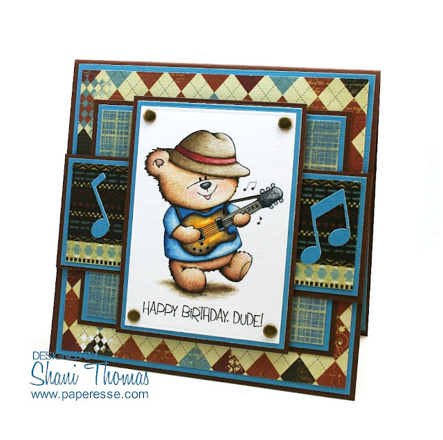A guitarist masculine birthday card idea featuring Di's Gibson Bear digistamp. Design by Paperesse.