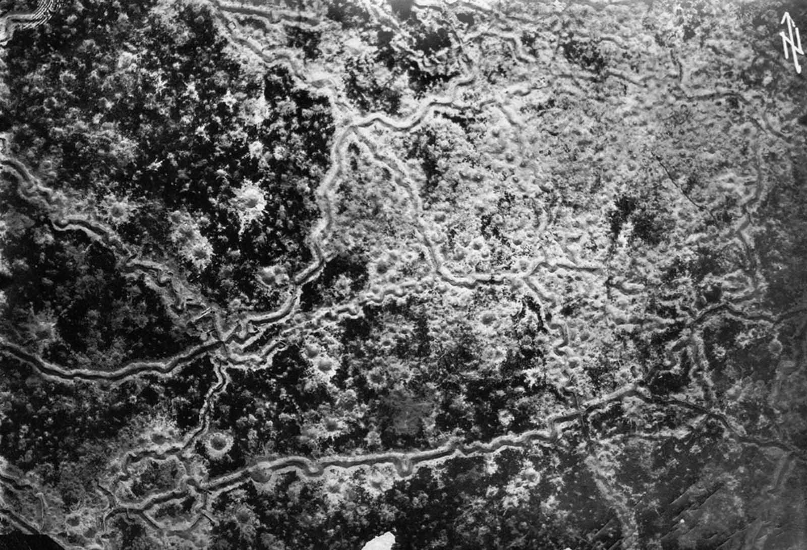 Aerial reconnaissance photograph showing a landscape scarred by trench lines and artillery craters. Photograph by pilot Richard Scholl and his co-pilot Lieutenant Anderer near Guignicourt, northern France, August 8, 1918. One month later, Richard Scholl was reported missing.