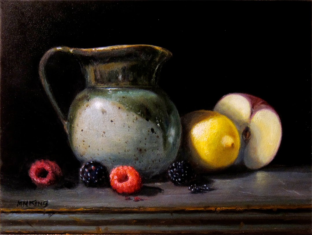 Small Oil Paintings Pottery Pitcher and Fruit. SOLD