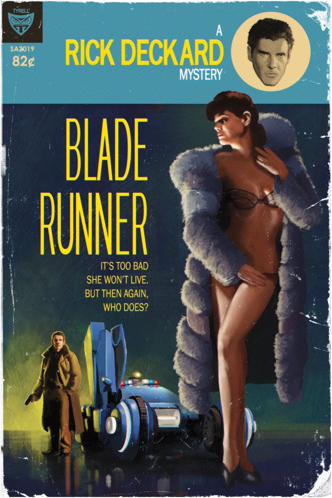 Blade Runner pulp novel art - A Rick Deckard mystery! Image is Rachel scantily clad wearing her fur coat, Deckard in the background. Cover text is title and 'It's too bad she won't live. But then again, who does'