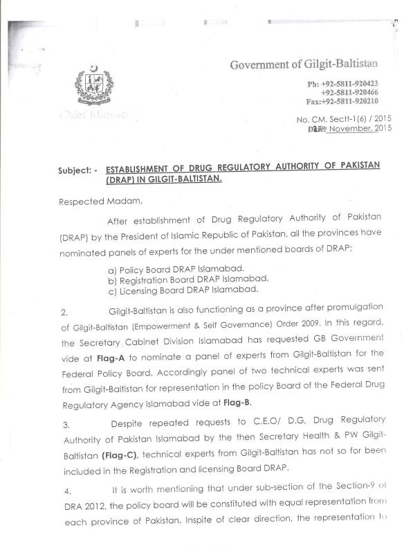 Gilgit-Baltistan unrepresented in Pharmacy Council of Pakistan and other DRAP bodies