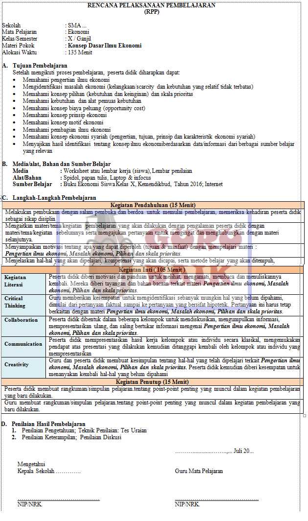 RPP 1 Lembar Ekonomi Kelas 10 SMA Tahun 2020/2021 Guru Baik