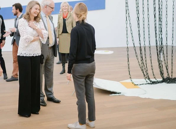 Hereditary Grand Duchess Stephanie visited opening of exhibition of artist Su-Mei Tse at Mudam Museum. wore crop bell sleeve lace top