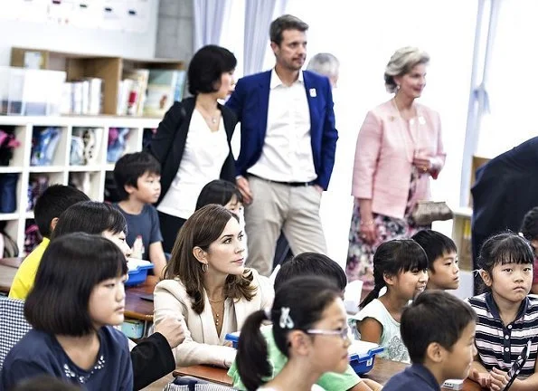 Crown Princess Mary wore Massimo Dutti Pant Suit. visits Funabashi primary school and Design Walk companies