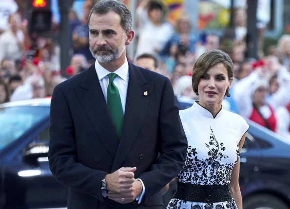 King Felipe VI and Queen Sofia. Queen Letizia wore Felipe Varela Floral-Embroidered dress, Magrit Pumps